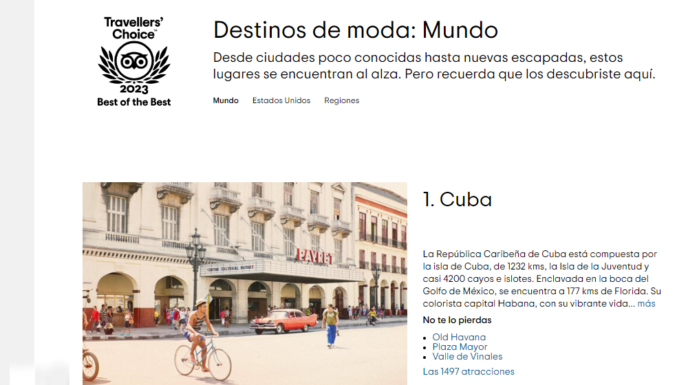 Tripadvisor destaca a Cuba como destino de tendencia número 1 del mundo para 2023